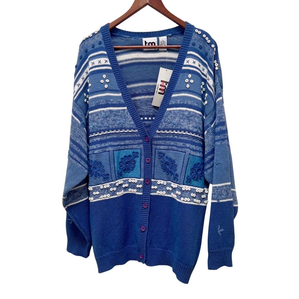 VTG That's Me XL Blue Knit Cardigan Embroidered Eclectic Grandpa Cottagecore 90s